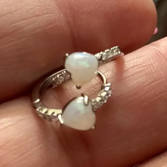 Heart Shaped Simulated Opal & Cubic Zirconia Hoop Lightweight, Dainty Earrings - Picture 7 of 7